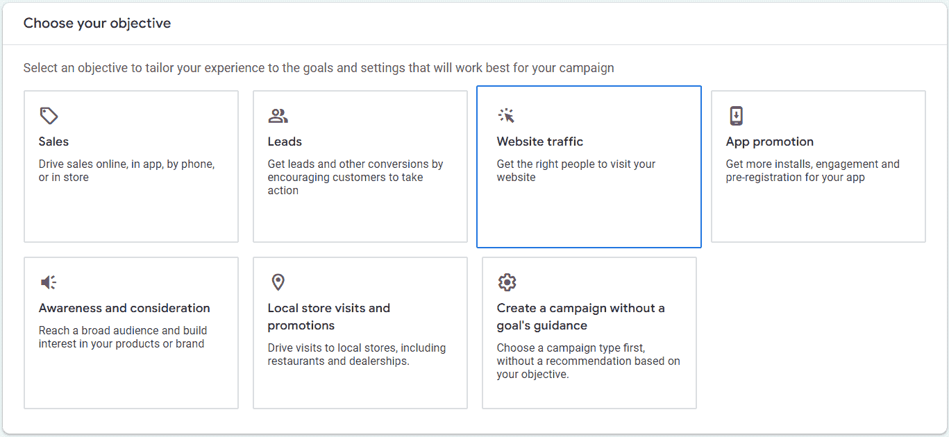 Google Ads Objective Choice